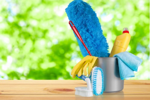 Carpet cleaning team preparing equipment safely